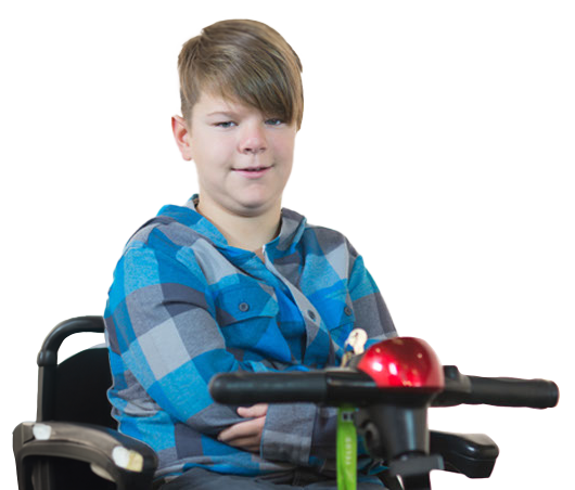 Middle school aged boy sitting in electric wheelchair scooter
